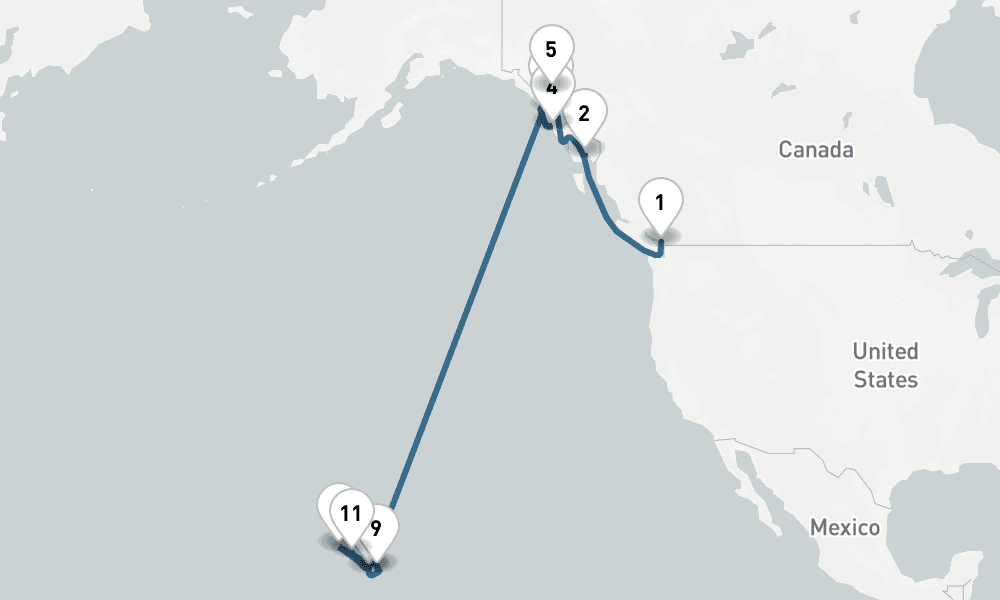 16 days, one-way from Vancouver to Honolulu 17日間