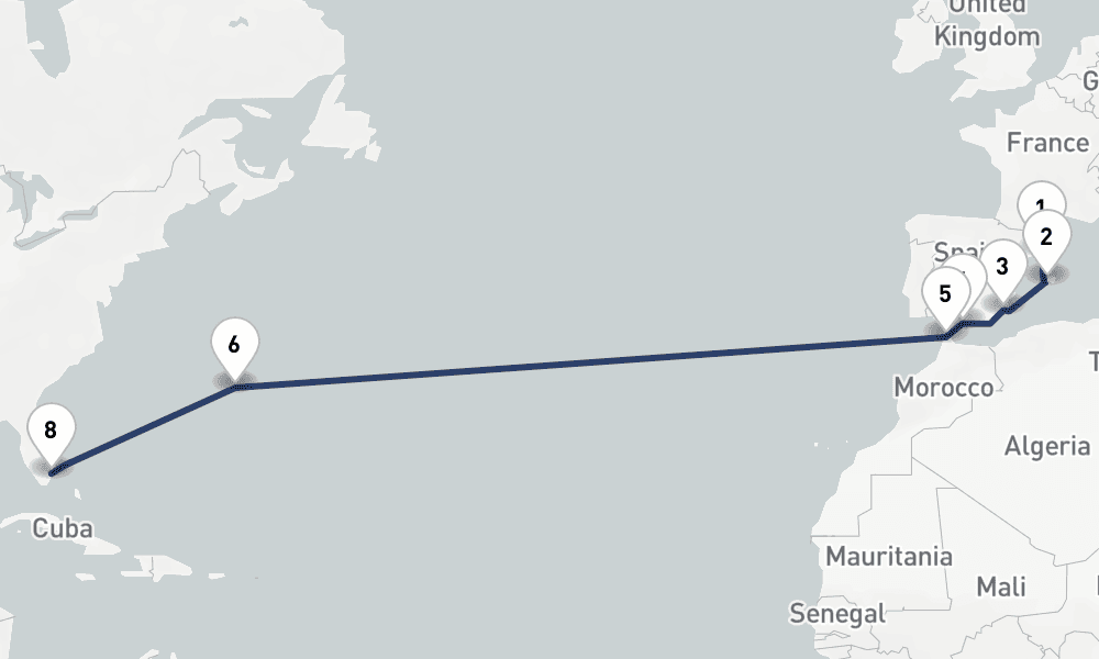 15 days, one-way from Barcelona to Fort Lauderdale 16日間