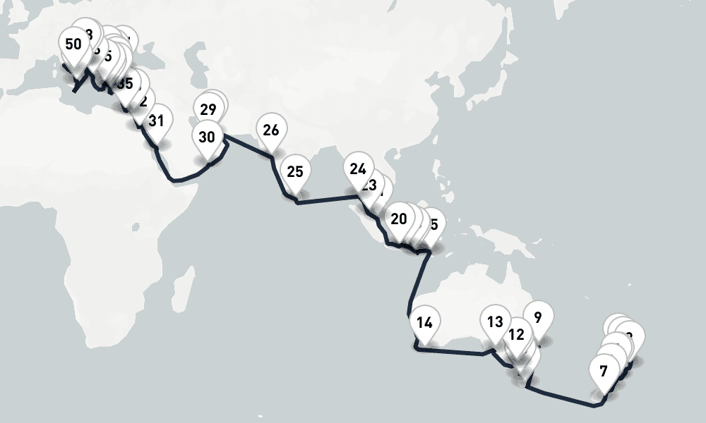 96 days, one-way from Auckland to Civitavecchia-Rome 97日間