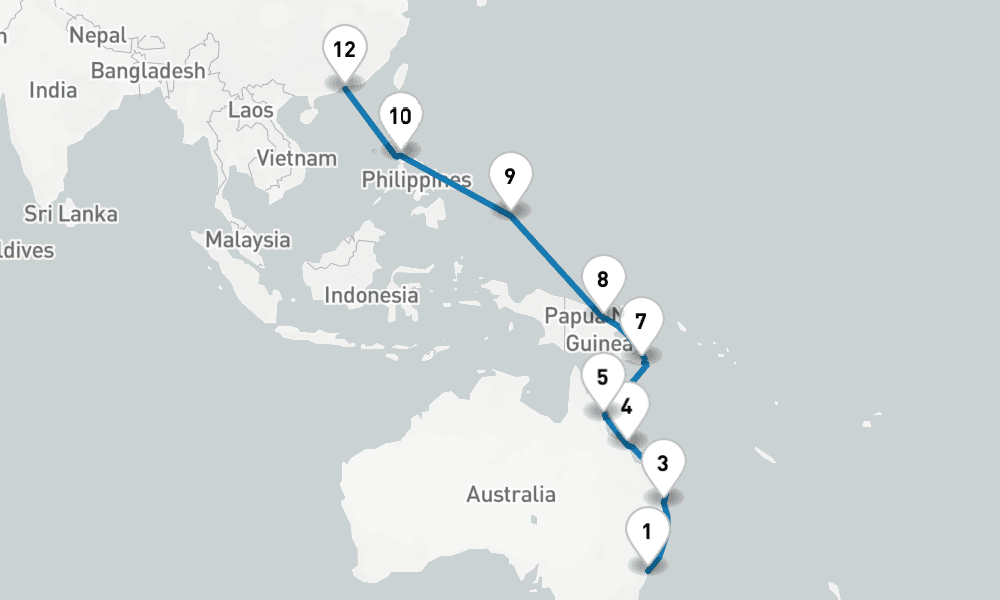 21 days, one-way from Sydney to Hong Kong 22日間