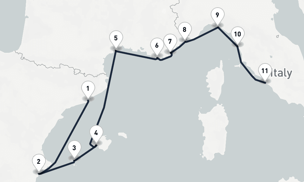 10 days, one-way from Barcelona to Civitavecchia-Rome 11日間