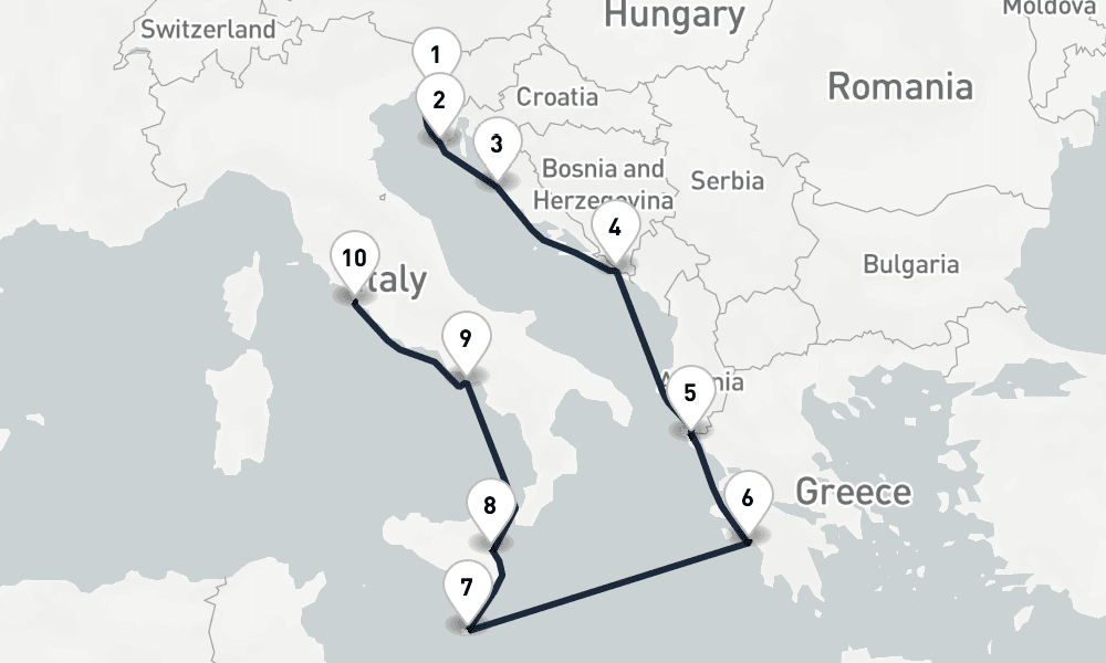 10 days, one-way from Trieste to Civitavecchia-Rome 11日間