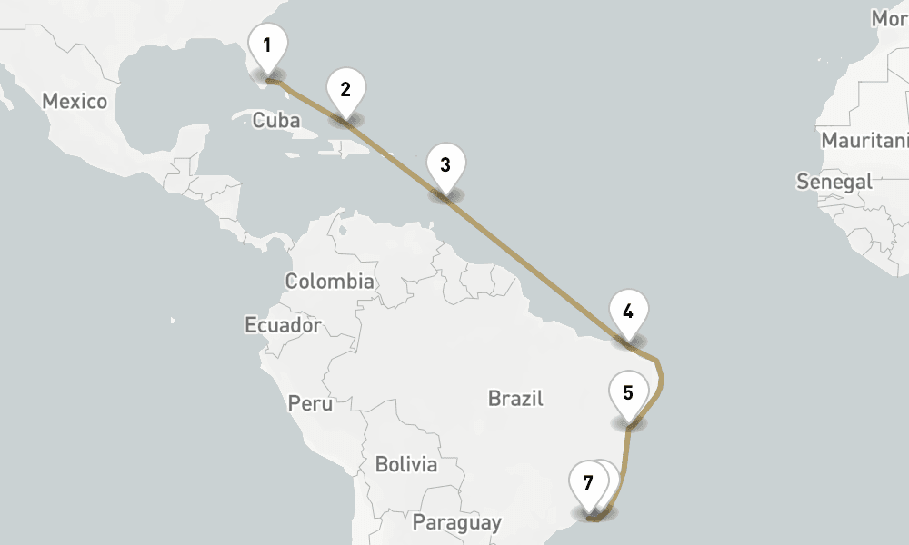 17 days, one-way from Fort Lauderdale to Rio de Janeiro 18日間