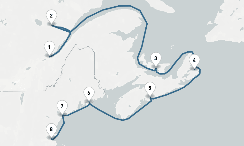 10 days, one-way from Quebec City to Philadelphia 11日間