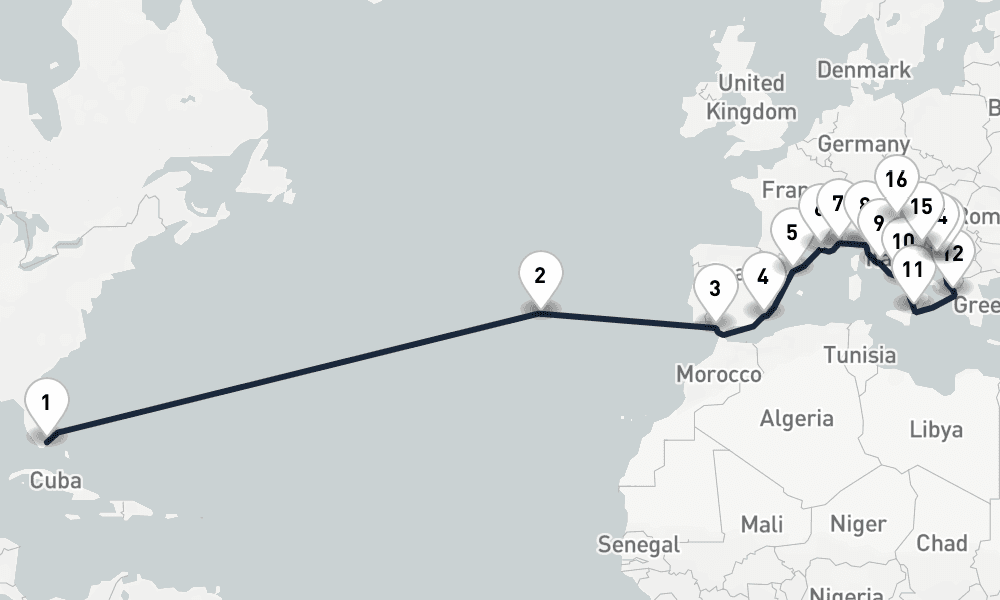 23 days, one-way from Miami to Trieste 24日間