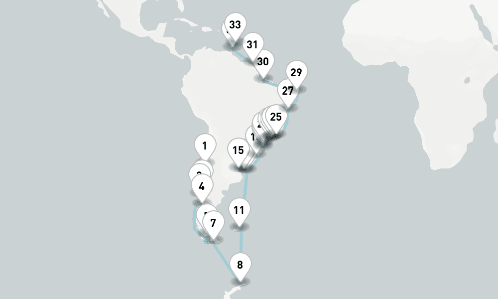 49 days, one-way from Valparaiso-Santiago to Bridgetown 50日間