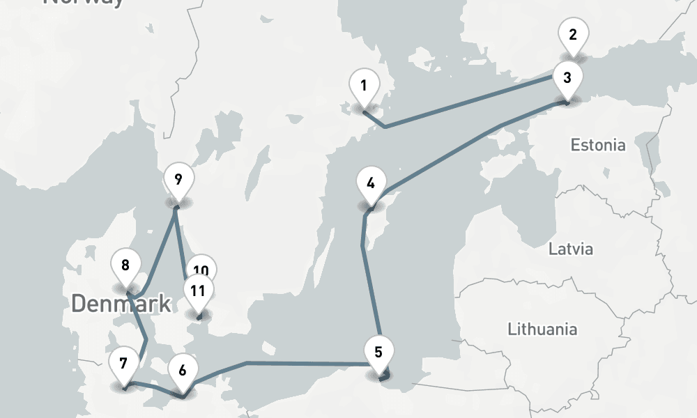 12 days, one-way from Stockholm to Copenhagen 13日間