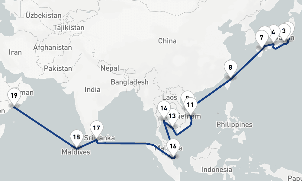 37 days, one-way from Yokohama to Salalah 38日間
