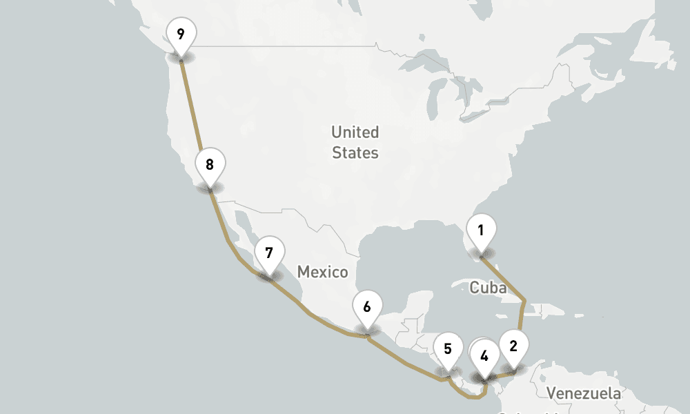 20 days, one-way from Miami to Seattle 21日間