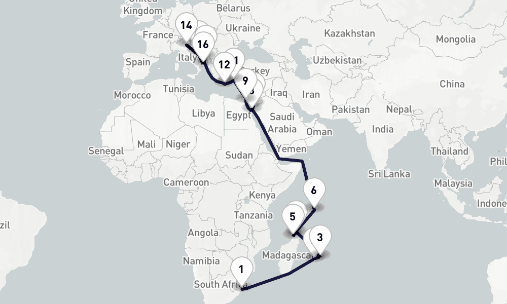 31 days, one-way from Durban to Venice 32日間