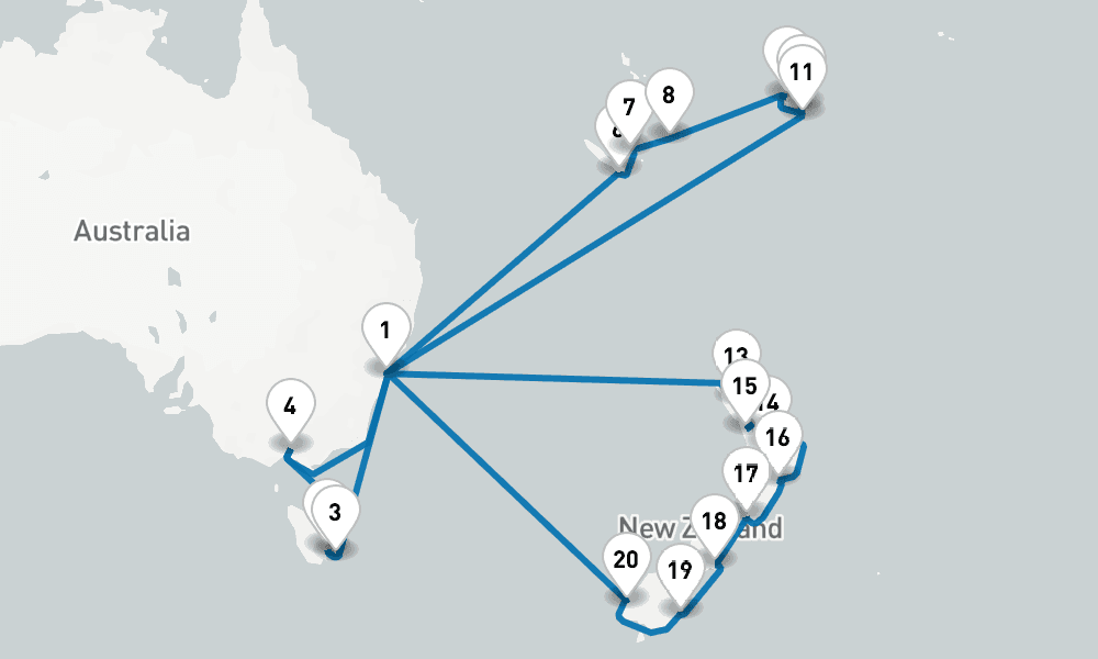 36 days, round-trip New Zealand, Tasmania Fiji 37日間