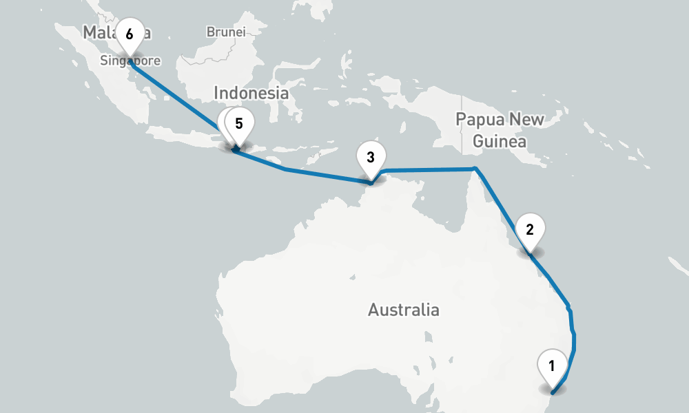 14 days, one-way from Sydney to Singapore 15日間