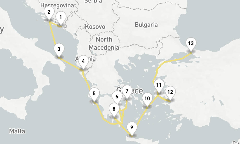14 days, one-way from Dubrovnik to Istanbul 15日間
