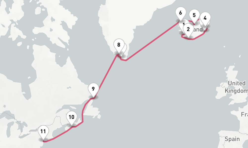 14 days, one-way from Reykjavik to New York 15日間