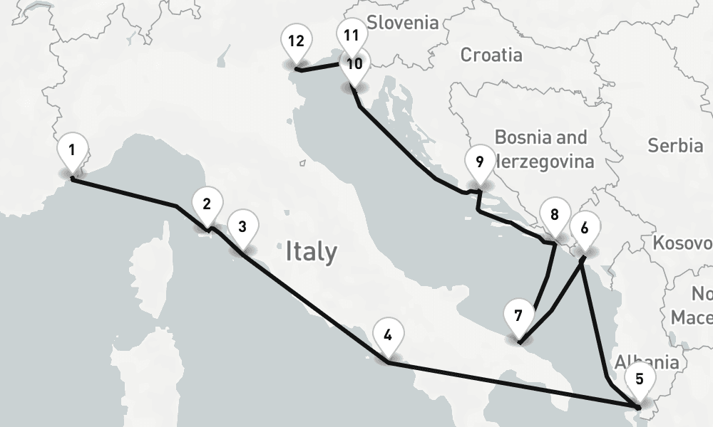 12 days, one-way from Villefranche-sur-Mer to Venice 13日間