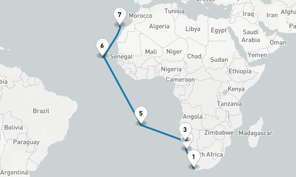 17 days, one-way from Cape Town to Las Palmas de Gran Canaria 18日間