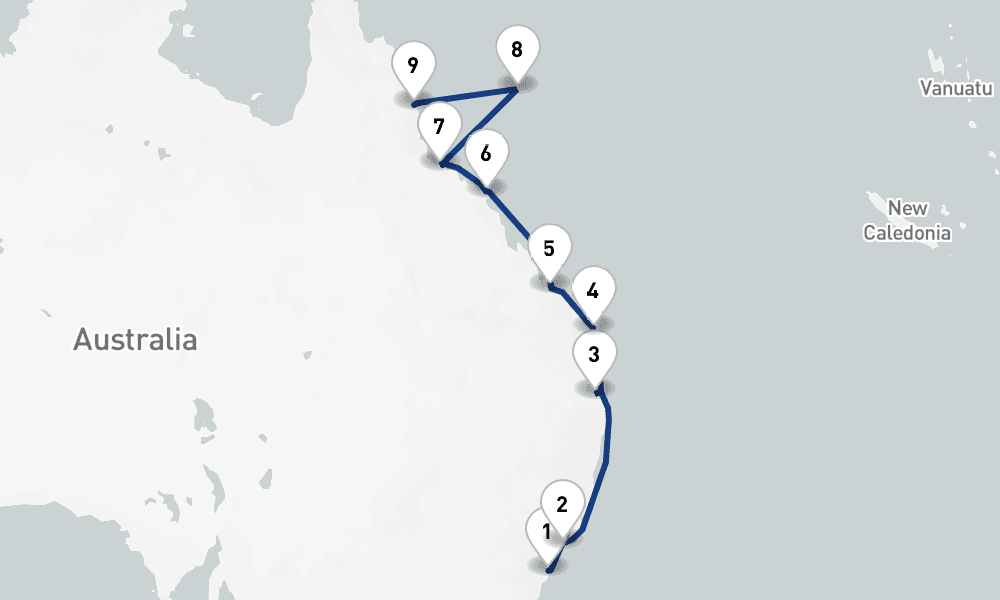10 days, one-way from Sydney to Cairns 11日間