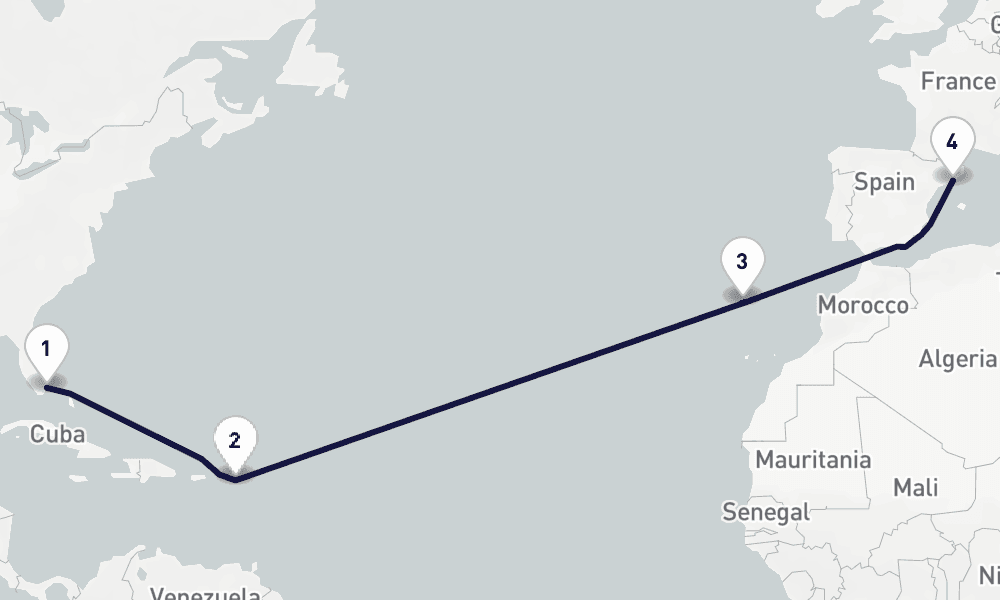 13 days, one-way from Miami to Barcelona 14日間
