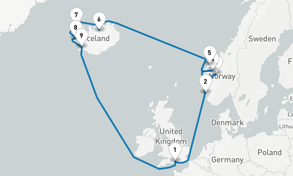 14 days, round-trip Iceland Norway 15日間