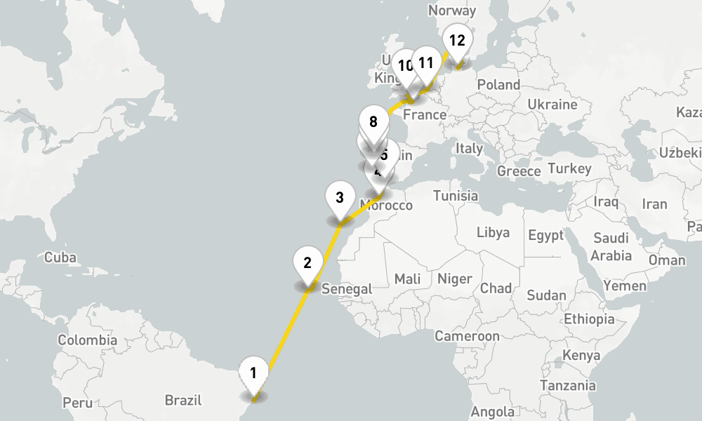 21 days, one-way from Maceio to Kiel 22日間