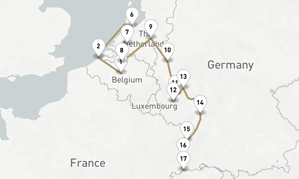 17 days, one-way from Brussels to Basel 18日間