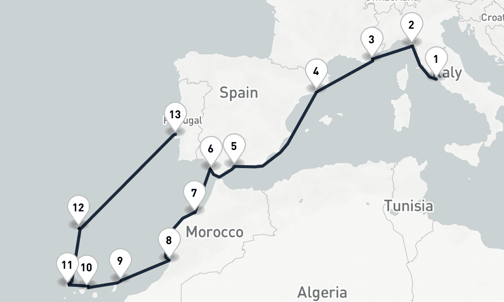 14 days, one-way from Civitavecchia-Rome to Lisbon 15日間