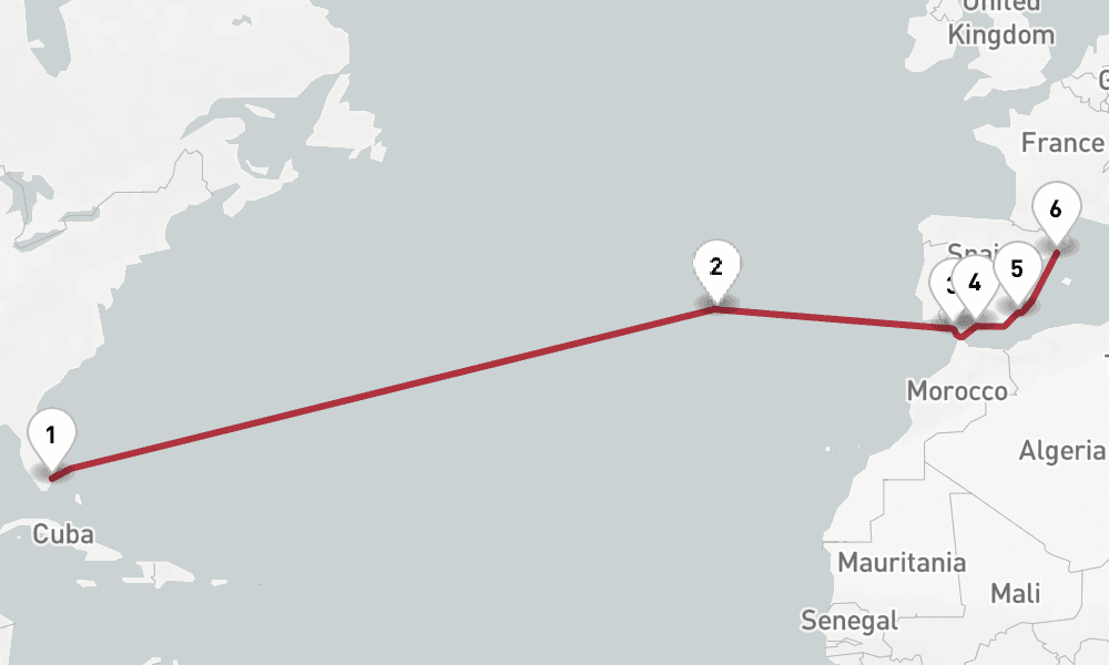 14 days, one-way from Fort Lauderdale to Barcelona 15日間
