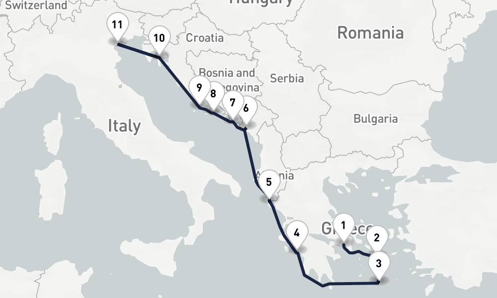 11 nights / 12 days, one-way from Piraeus (Athens, Greece) to Venice