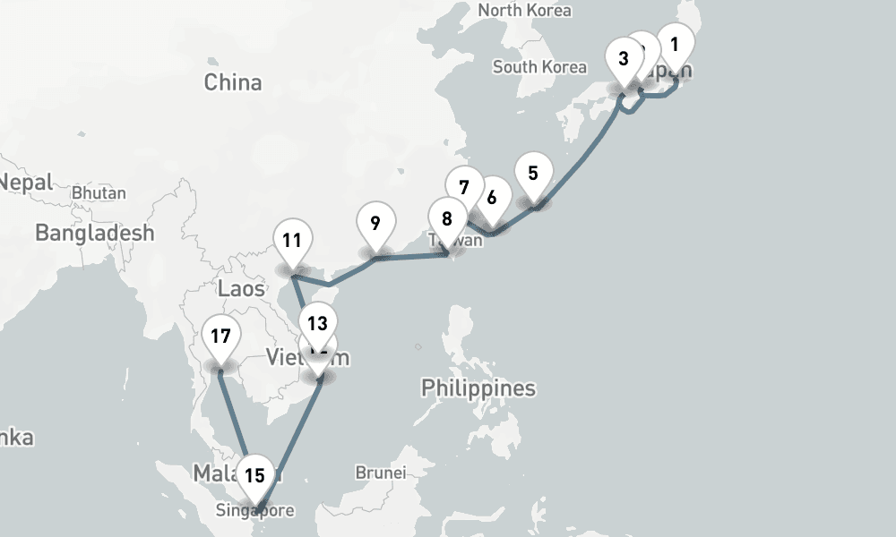22 nights / 23 days, one-way from Tokyo to Laem Chabang (Bangkok, Thailand)