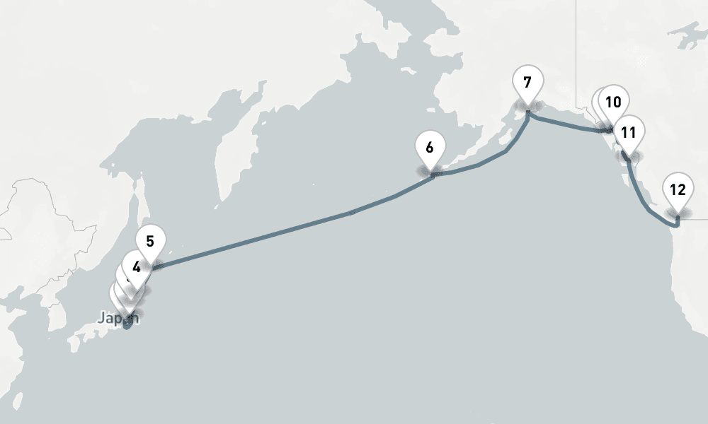 19 nights / 20 days, one-way from Tokyo to Vancouver (BC Canada)