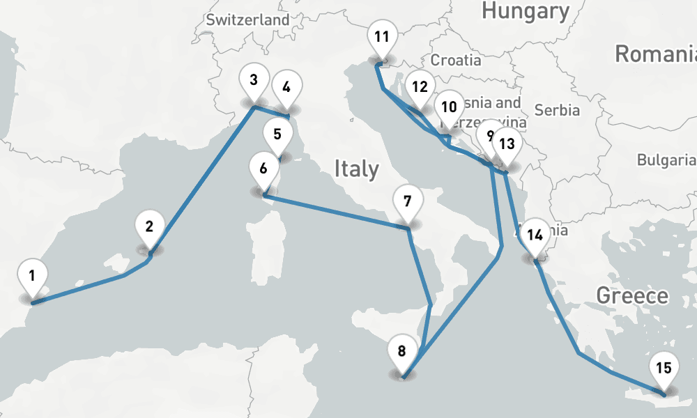 22 nights / 23 days, one-way from Alicante to Heraklion (Crete, Greece)