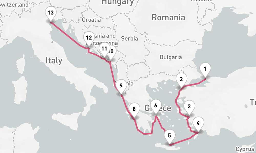 14 nights / 15 days, one-way from Istanbul to Venice