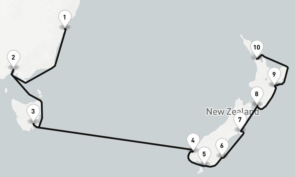 14 nights / 15 days, one-way from Sydney (NSW, Australia) to Auckland