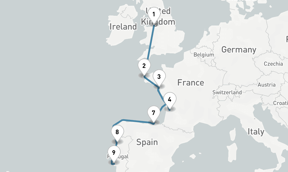 10 days, one-way from Liverpool to Lisbon 11日間