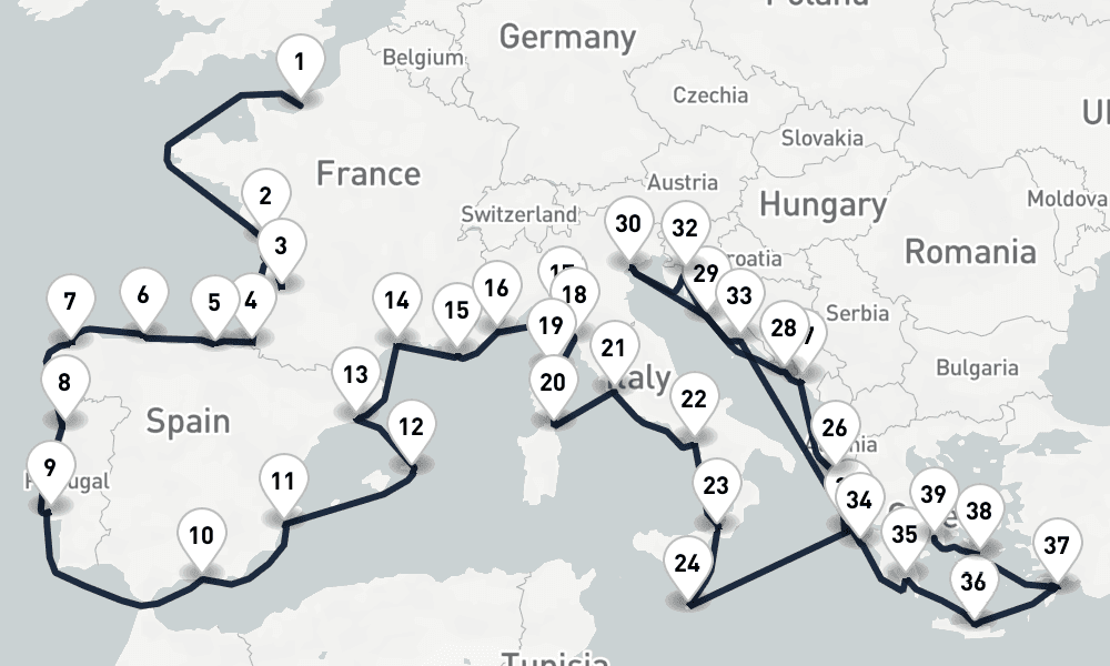 42 days, one-way from Le Havre-Paris to Piraeus-Athens 43日間