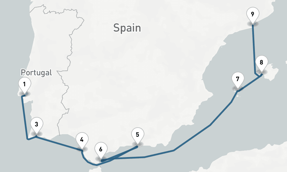 8 days, one-way from Lisbon to Barcelona 9日間