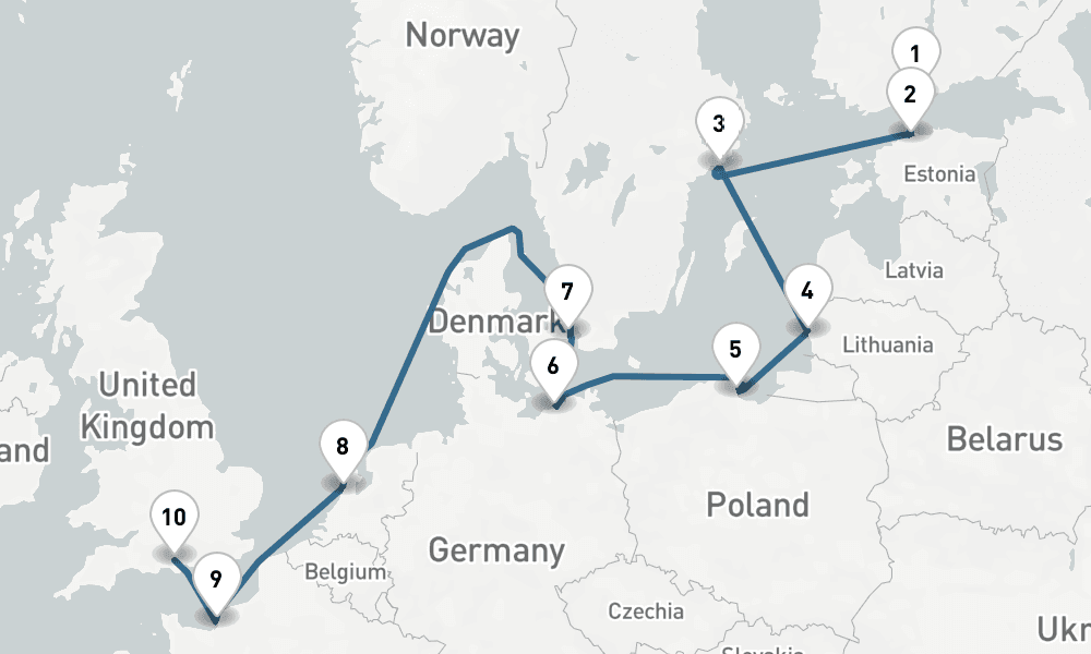 11 days, one-way from Helsinki to Southampton 12日間