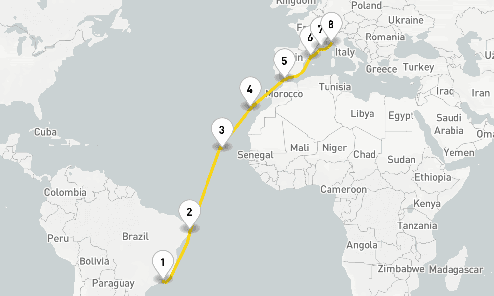 17 days, one-way from Rio de Janeiro to Savona 18日間