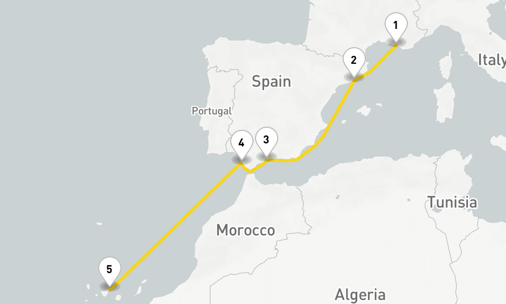 6 days, one-way from Marseille to Santa Cruz de Tenerife 7日間