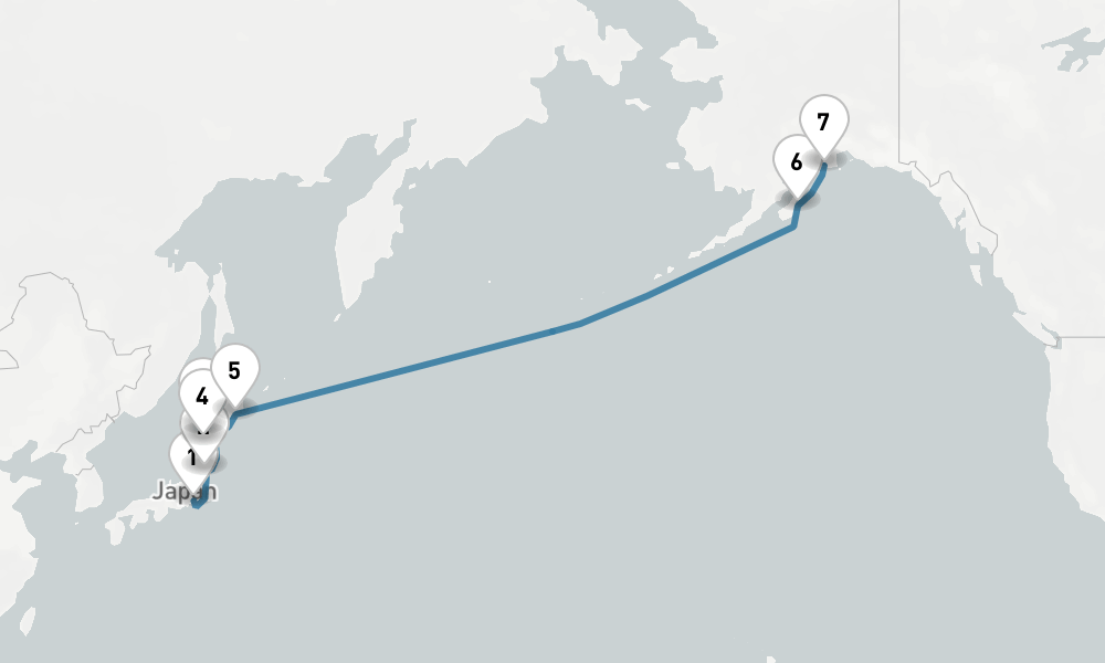 12 days, one-way from Yokohama to Seward 13日間