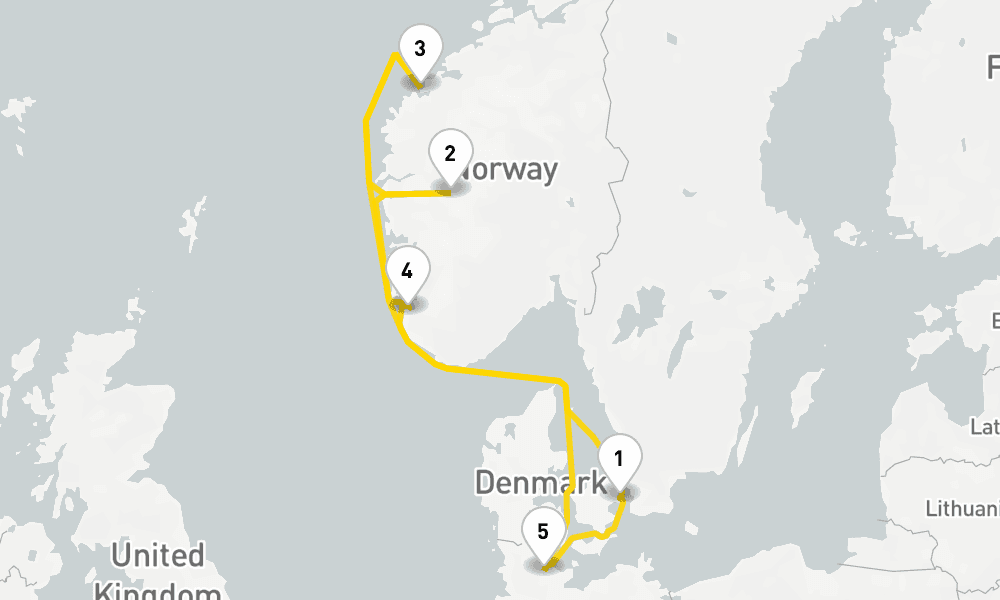 7 days, round-trip Northern Europe Fjords from Copenhagen 8日間