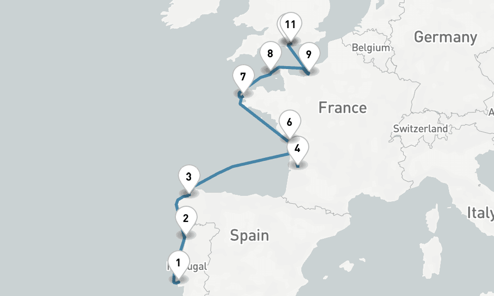 11 days, one-way from Lisbon to Portsmouth UK 12日間
