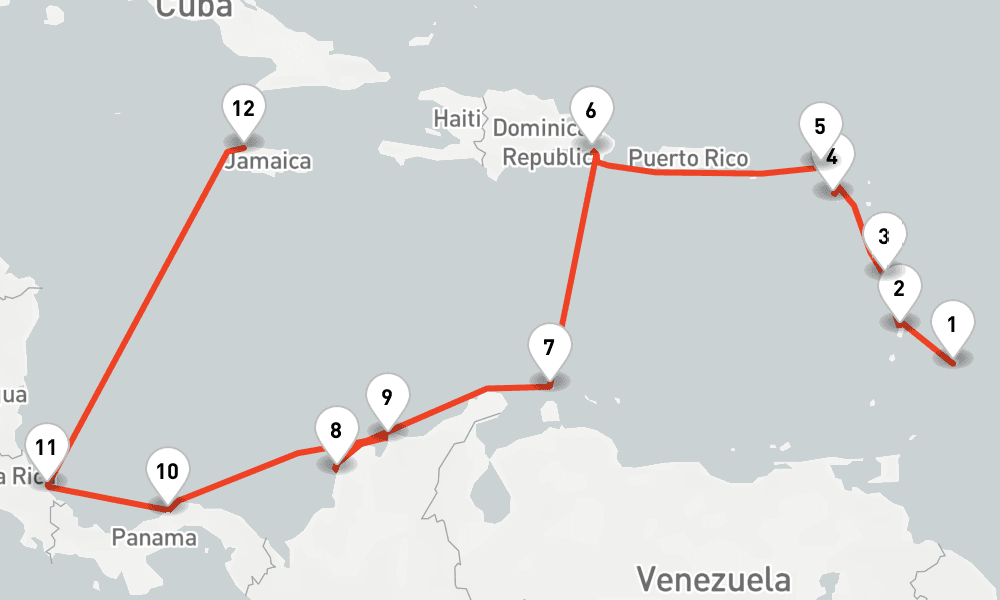 14 days, one-way from Bridgetown to Montego Bay 15日間