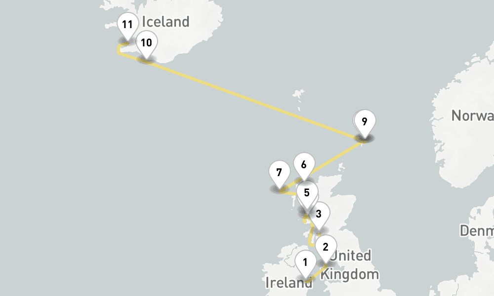 10 days, one-way from Dublin to Reykjavik 11日間