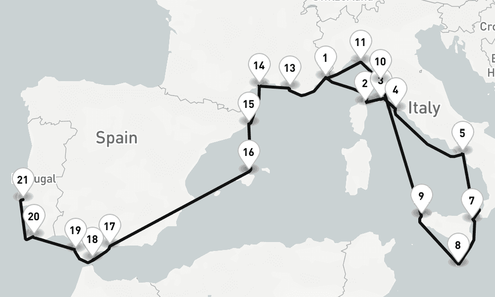22 days, one-way from Villefranche-sur-Mer to Lisbon 23日間