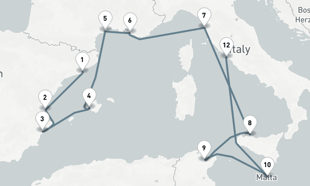 14 days, one-way from Barcelona to Civitavecchia-Rome 15日間