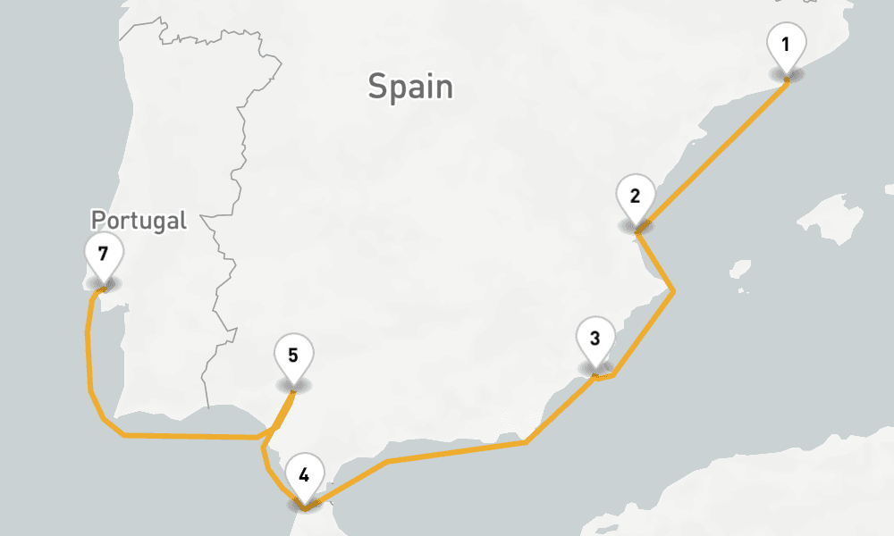 8 days, one-way from Barcelona to Lisbon 9日間
