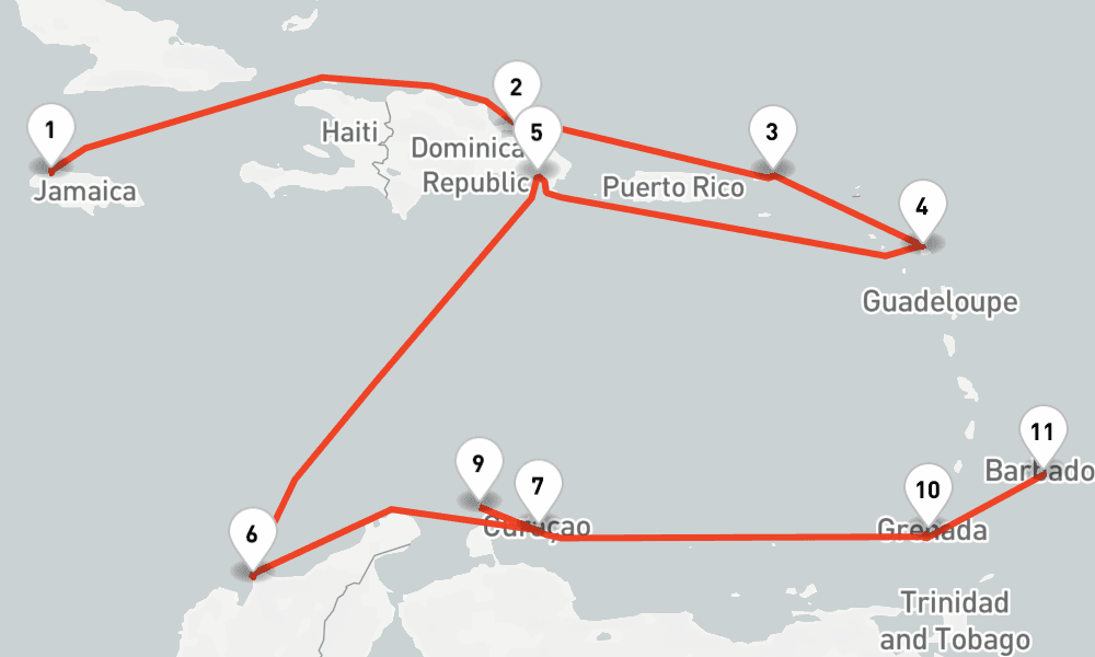 14 days, one-way from Montego Bay to Bridgetown 15日間