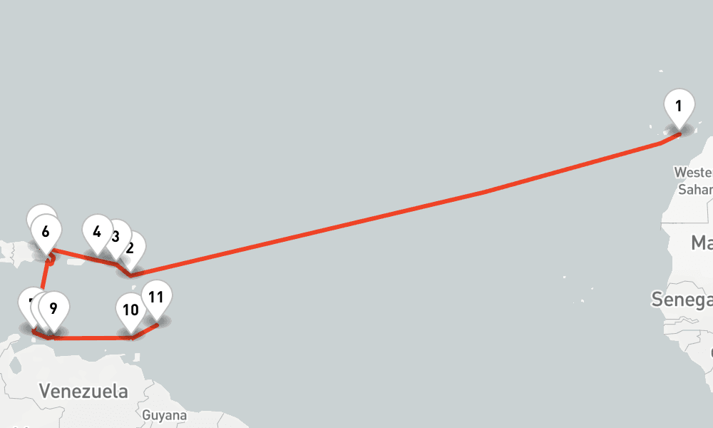 18 days, one-way from Las Palmas de Gran Canaria to Bridgetown 19日間