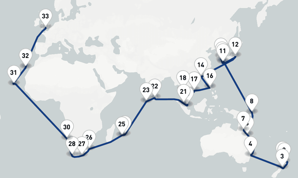 83 days, one-way from Auckland to Southampton 84日間
